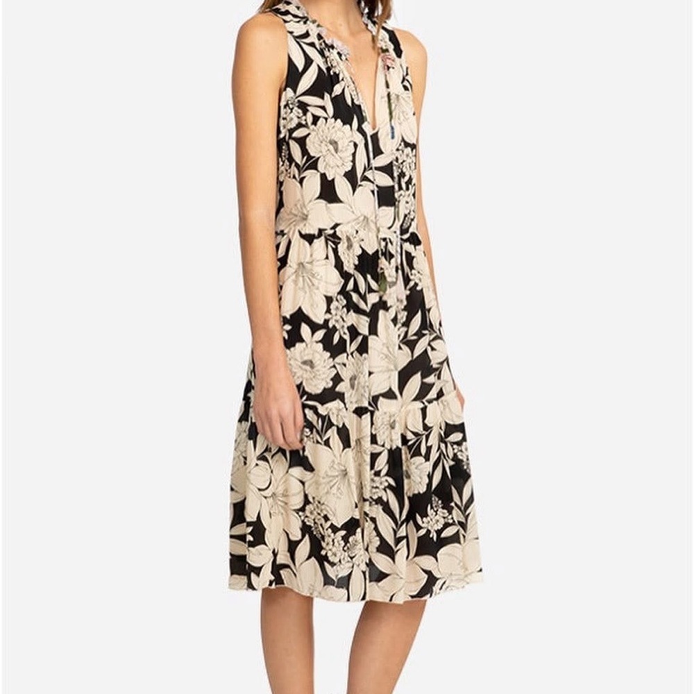 Johnny Was Black and Cream Floral Midi Dress